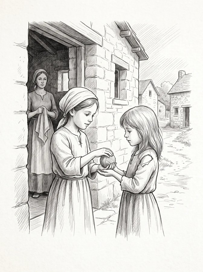 Illustration: a girl at the door of a stone house in Nazareth hands a ball of thread to another girl, while her mother watches from the doorway